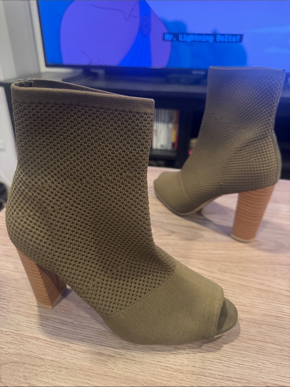 Brash Olive Green Knit Peep-Toe Sock Booties